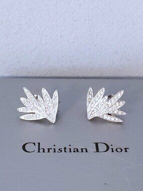 Dior vintage pave crystal feather fan clip-on earrings EUC